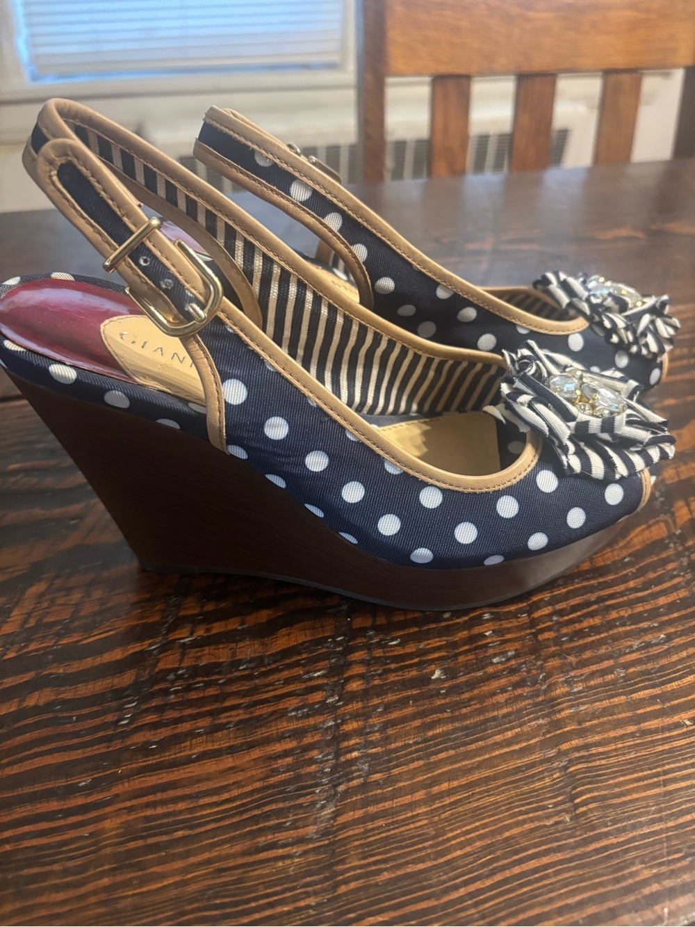 Gianni Bini Navy and White Polka Dot Slingback Wedges with Bow Accent